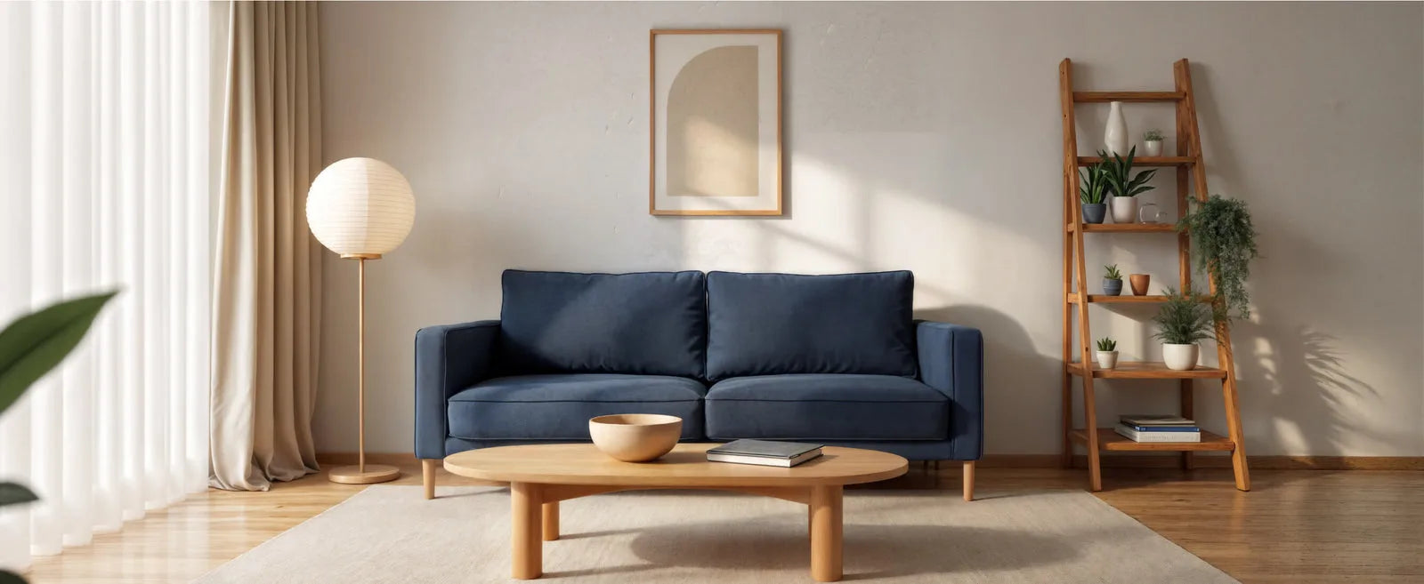 Salon avec canapé sombre, fauteuil et table basse